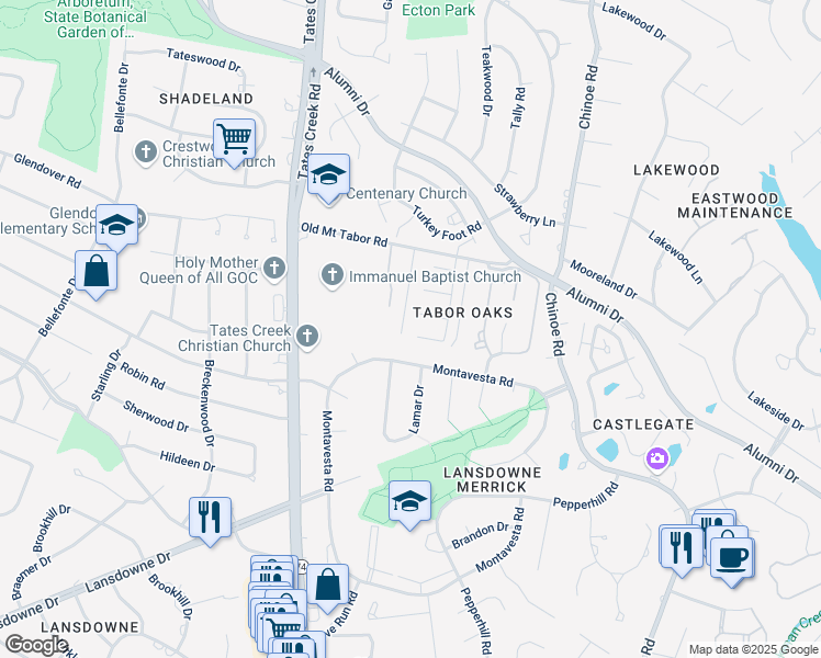 map of restaurants, bars, coffee shops, grocery stores, and more near 2957 Candlelight Way in Lexington