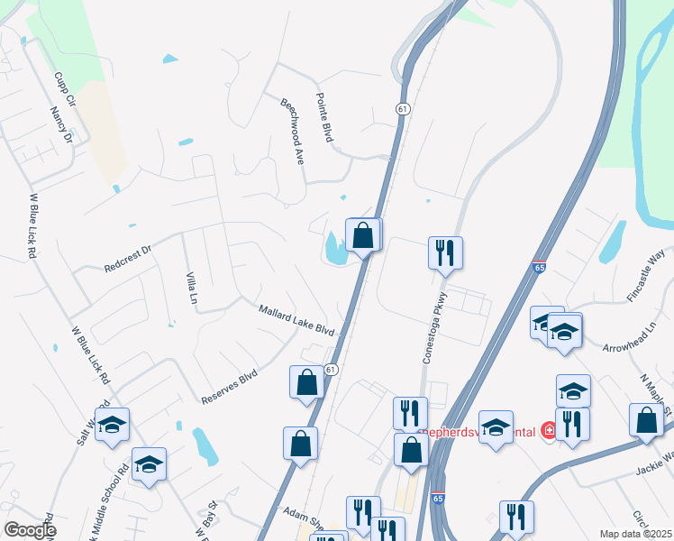 map of restaurants, bars, coffee shops, grocery stores, and more near 1115 Northside Avenue in Shepherdsville