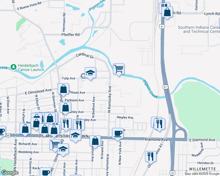 map of restaurants, bars, coffee shops, grocery stores, and more near 2770 North Kentucky Avenue in Evansville