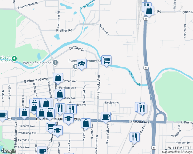 map of restaurants, bars, coffee shops, grocery stores, and more near 2720 North Kentucky Avenue in Evansville