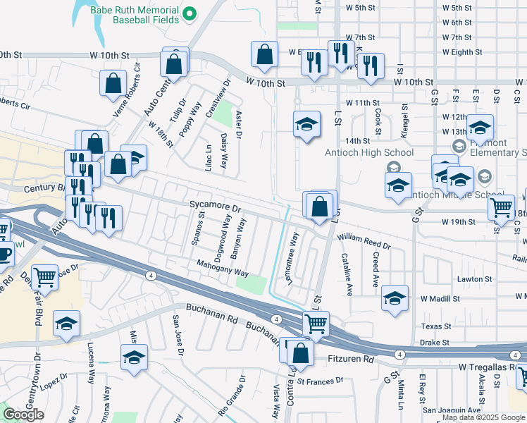 map of restaurants, bars, coffee shops, grocery stores, and more near 1418 Sycamore Drive in Antioch