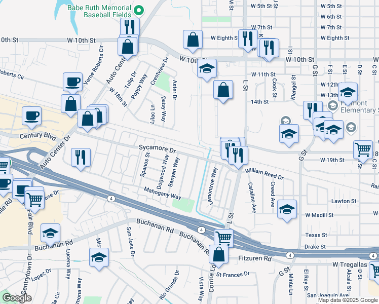 map of restaurants, bars, coffee shops, grocery stores, and more near 1500 Sycamore Drive in Antioch