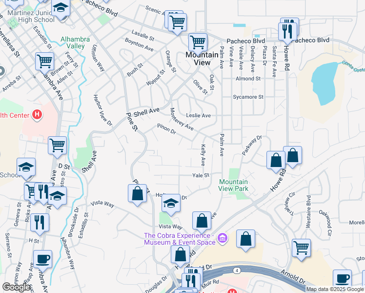 map of restaurants, bars, coffee shops, grocery stores, and more near 2411 Pinon Court in Martinez