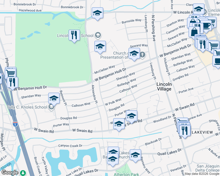 map of restaurants, bars, coffee shops, grocery stores, and more near 1959 Rutledge Way in Stockton