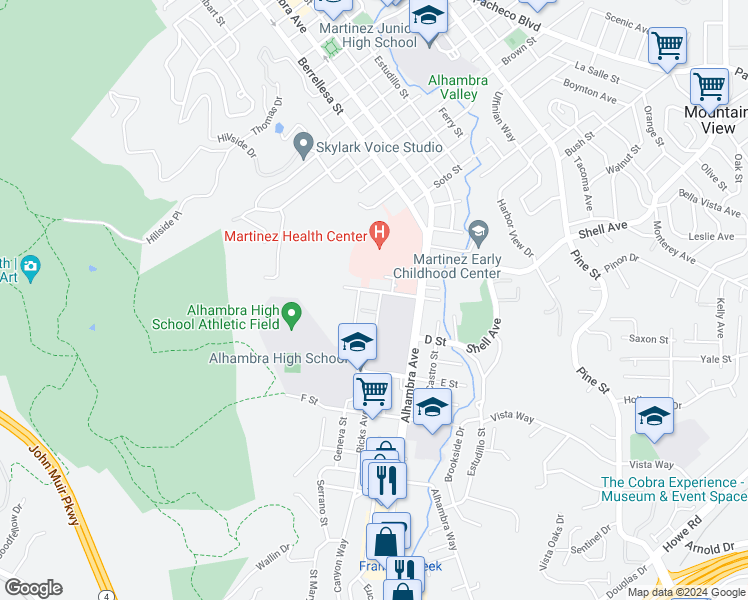 map of restaurants, bars, coffee shops, grocery stores, and more near 2710 Marion Terrace in Martinez