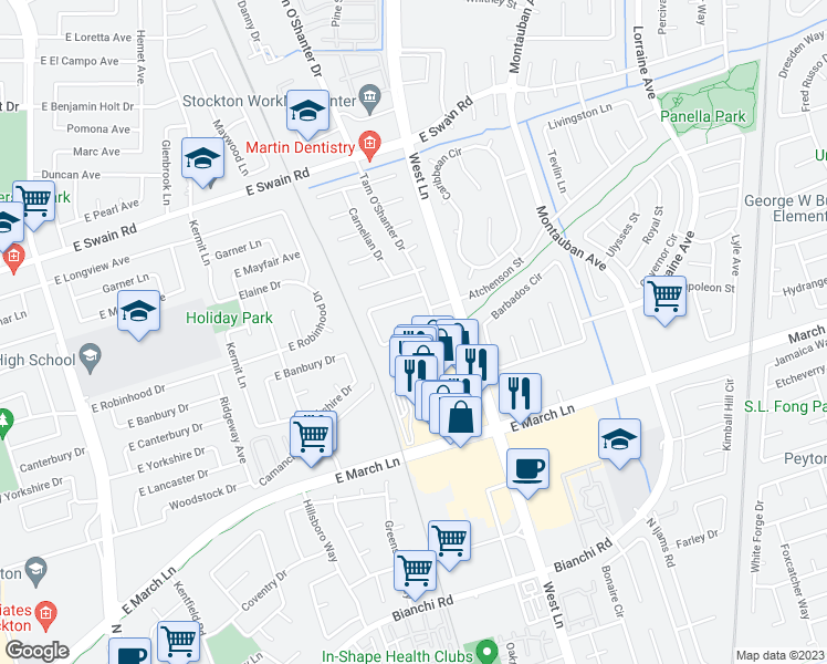 map of restaurants, bars, coffee shops, grocery stores, and more near 5358 Carrington Circle in Stockton