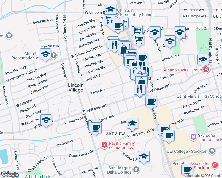 map of restaurants, bars, coffee shops, grocery stores, and more near 1022 Porter Avenue in Stockton