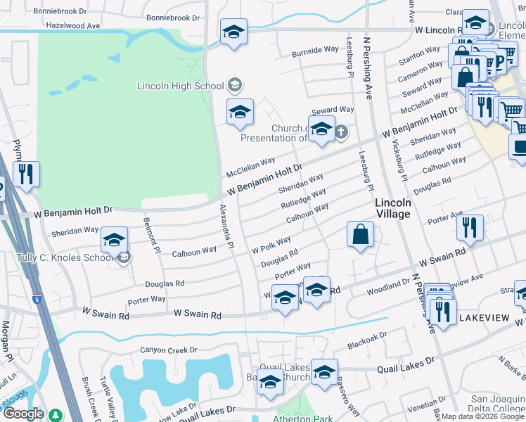map of restaurants, bars, coffee shops, grocery stores, and more near 2004 Sheridan Way in Stockton