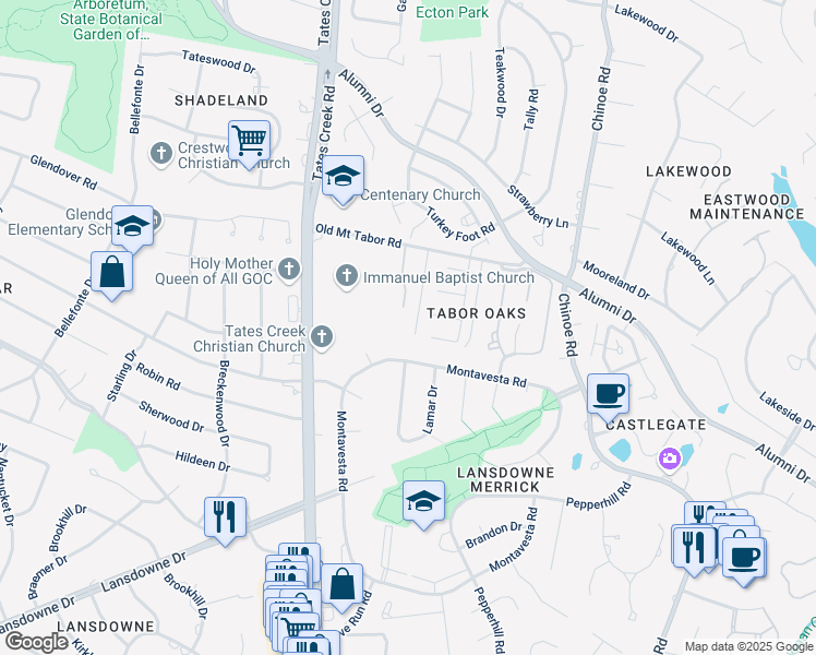 map of restaurants, bars, coffee shops, grocery stores, and more near 2957 Candlelight Way in Lexington