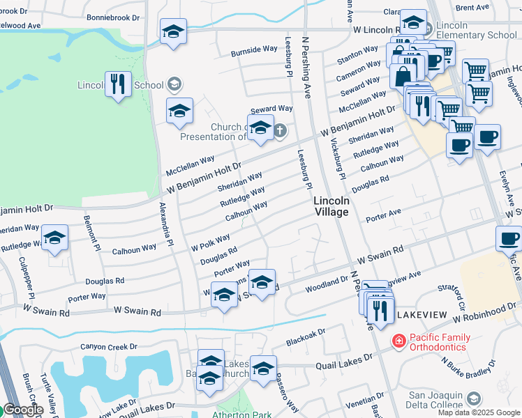 map of restaurants, bars, coffee shops, grocery stores, and more near 1730 Calhoun Way in Stockton