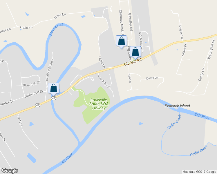 map of restaurants, bars, coffee shops, grocery stores, and more near River Edge Drive in Shepherdsville