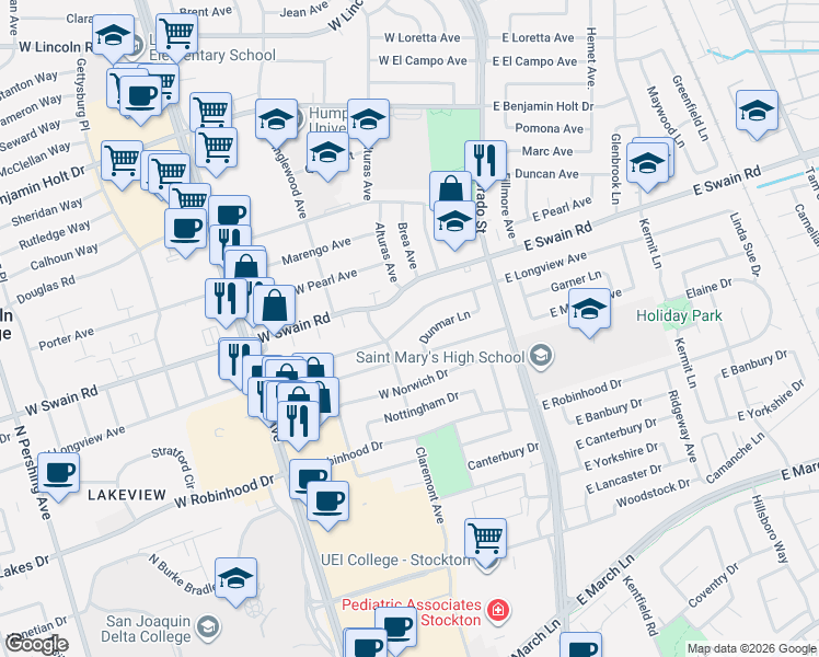 map of restaurants, bars, coffee shops, grocery stores, and more near 106 West Longview Avenue in Stockton