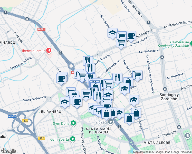 map of restaurants, bars, coffee shops, grocery stores, and more near 14 Avenida Juan Pablo II in Murcia