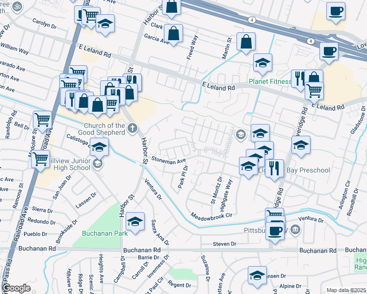 map of restaurants, bars, coffee shops, grocery stores, and more near 256 Oahu Drive in Pittsburg