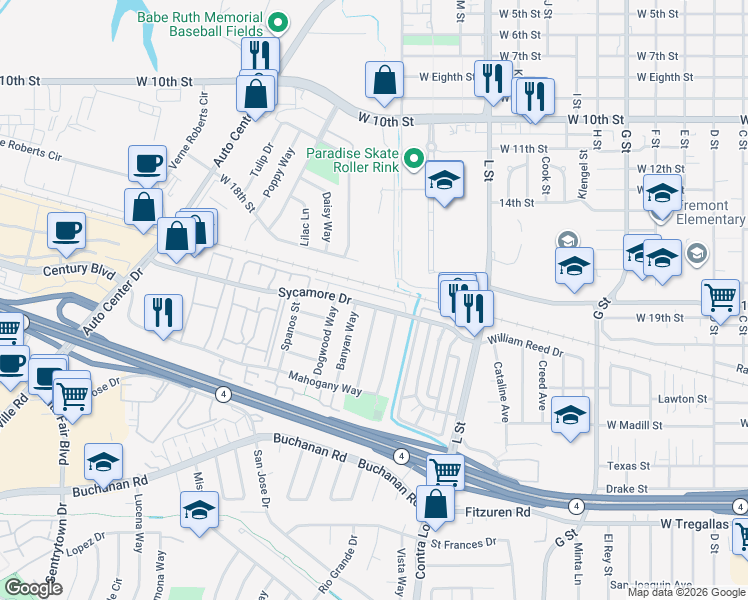 map of restaurants, bars, coffee shops, grocery stores, and more near 1504 Sycamore Drive in Antioch