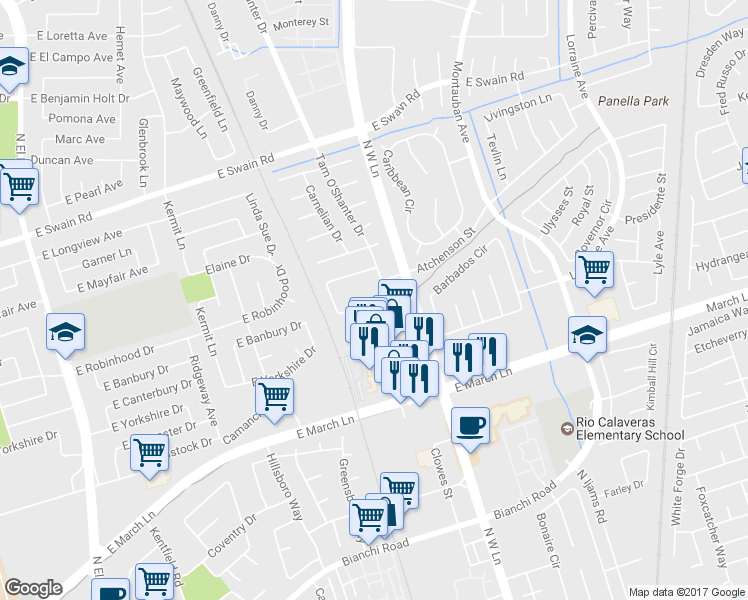 map of restaurants, bars, coffee shops, grocery stores, and more near 5315 Carrington Circle in Stockton