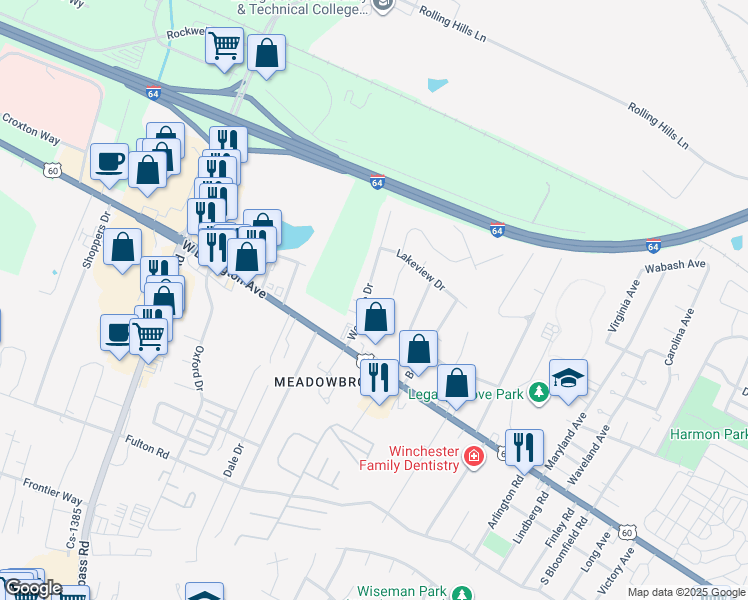 map of restaurants, bars, coffee shops, grocery stores, and more near 136 Westside Drive in Winchester
