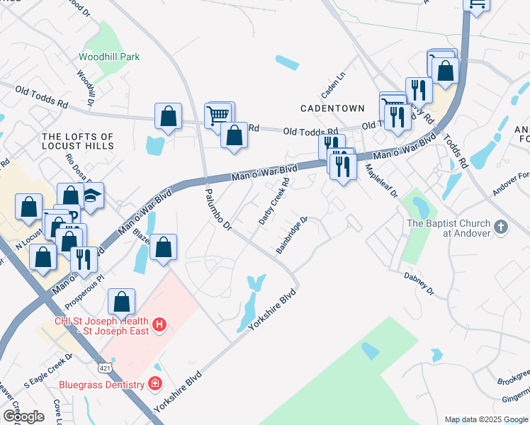 map of restaurants, bars, coffee shops, grocery stores, and more near 413 Darby Creek Road in Lexington