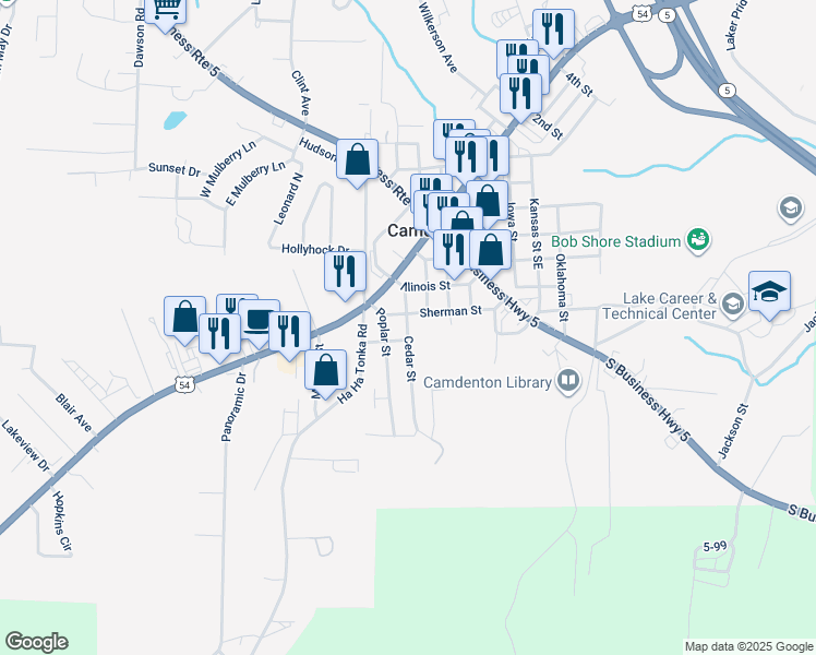 map of restaurants, bars, coffee shops, grocery stores, and more near 212 Court Avenue in Camdenton