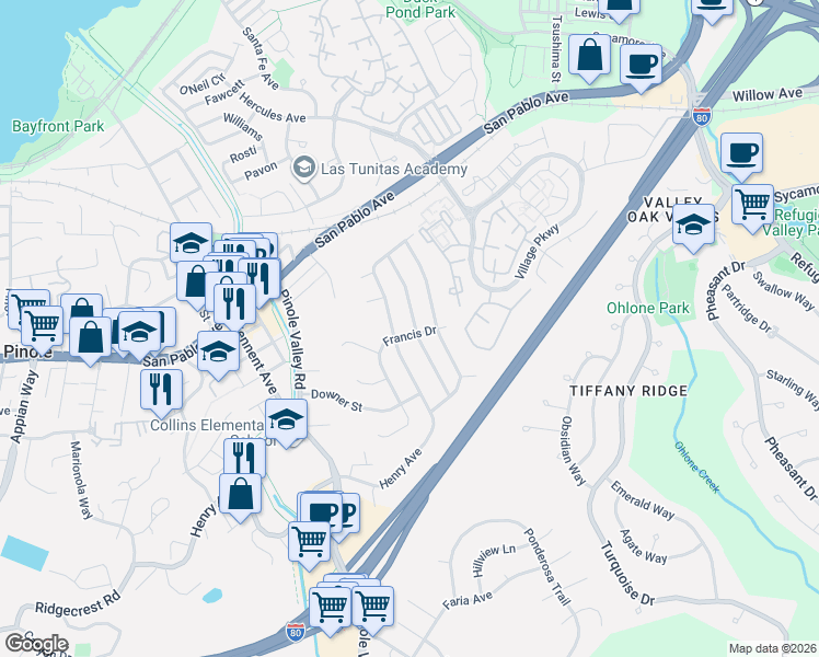 map of restaurants, bars, coffee shops, grocery stores, and more near 2634 Emma Drive in Pinole