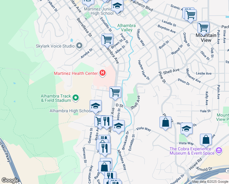 map of restaurants, bars, coffee shops, grocery stores, and more near Alhambra Avenue & C Street in Martinez