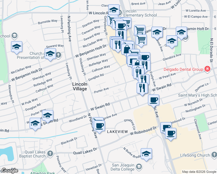 map of restaurants, bars, coffee shops, grocery stores, and more near 1063 Porter Avenue in Stockton