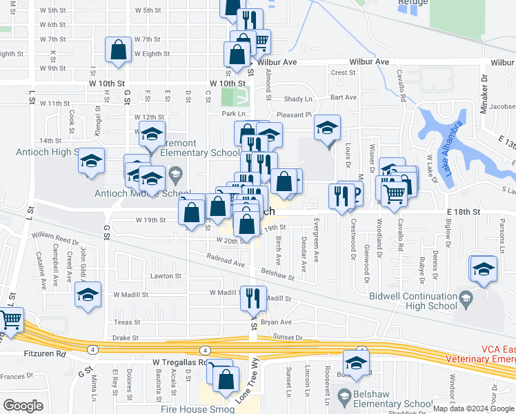 map of restaurants, bars, coffee shops, grocery stores, and more near 1715 East 18th Street in Antioch