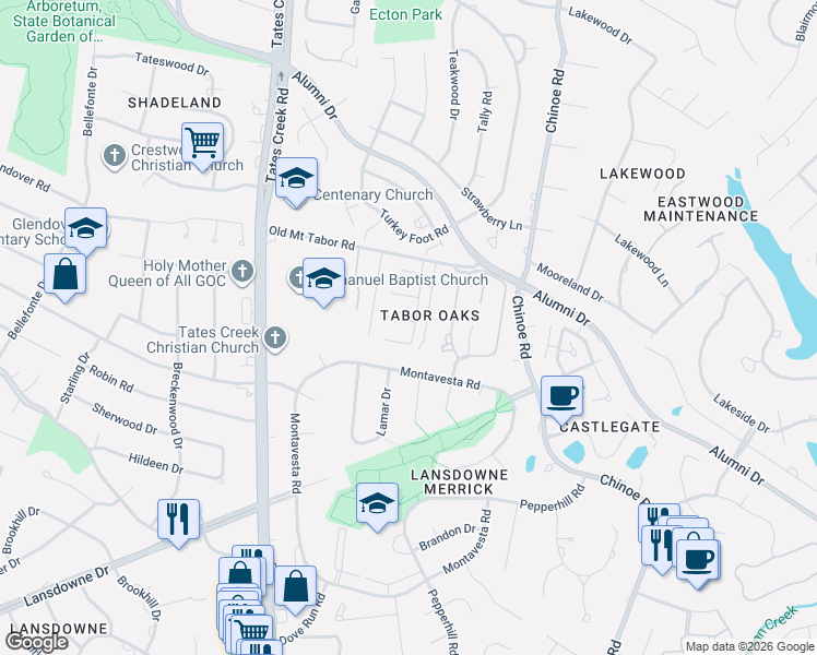 map of restaurants, bars, coffee shops, grocery stores, and more near 1205 Glen Crest in Lexington