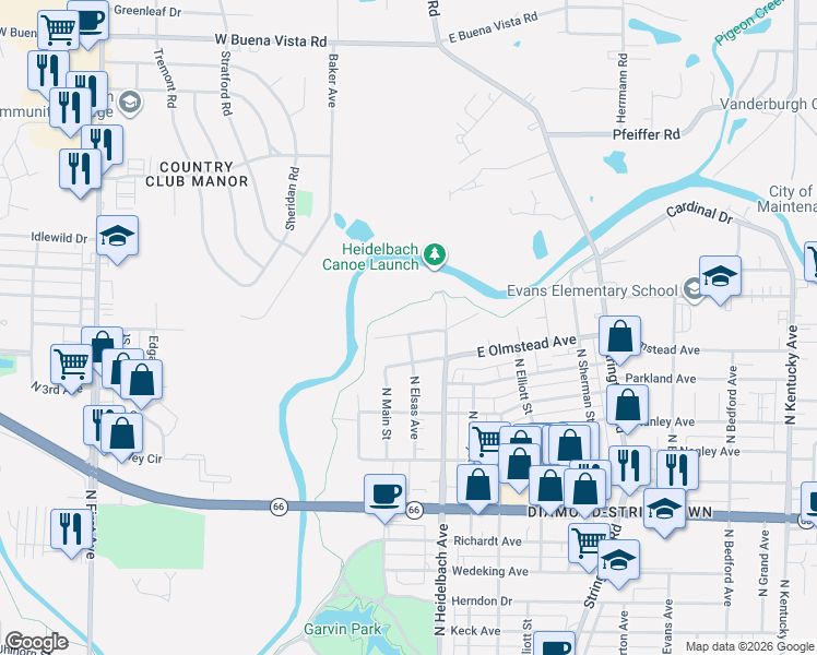 map of restaurants, bars, coffee shops, grocery stores, and more near 24 Tulip Avenue in Evansville
