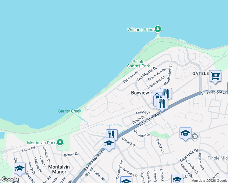 map of restaurants, bars, coffee shops, grocery stores, and more near 2215 Birch Court in San Pablo