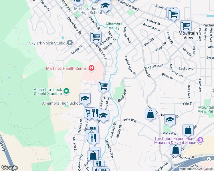 map of restaurants, bars, coffee shops, grocery stores, and more near 521 C Street in Martinez