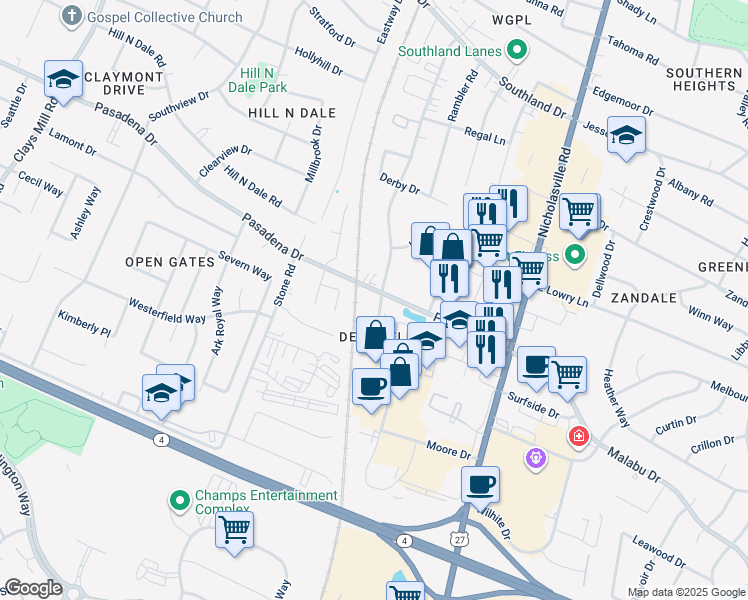 map of restaurants, bars, coffee shops, grocery stores, and more near 271 Pasadena Drive in Lexington