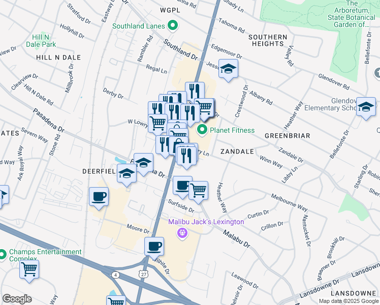 map of restaurants, bars, coffee shops, grocery stores, and more near 110 East Lowry Lane in Lexington