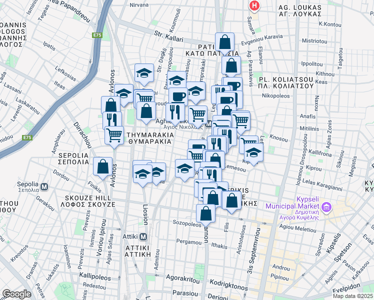 map of restaurants, bars, coffee shops, grocery stores, and more near in Athina