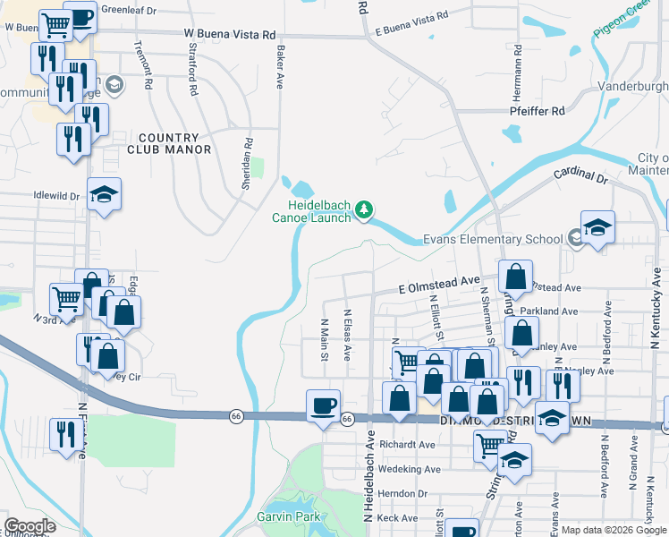 map of restaurants, bars, coffee shops, grocery stores, and more near 24 Tulip Avenue in Evansville