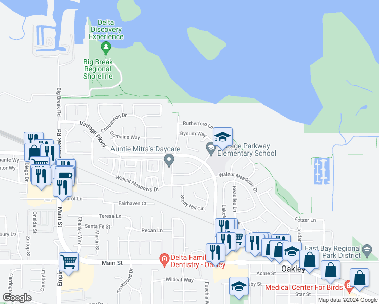 map of restaurants, bars, coffee shops, grocery stores, and more near 658 Bynum Court in Oakley