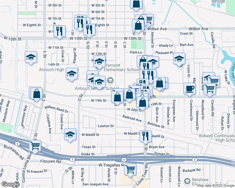 map of restaurants, bars, coffee shops, grocery stores, and more near 1711 D Street in Antioch