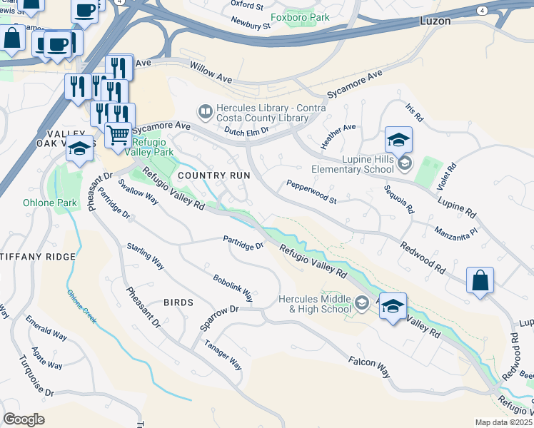 map of restaurants, bars, coffee shops, grocery stores, and more near 112 Fountain Grass Court in Hercules