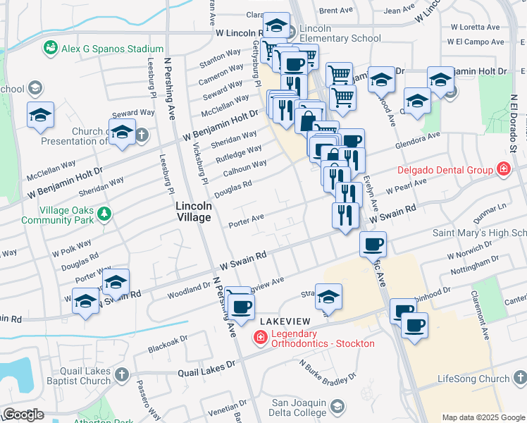 map of restaurants, bars, coffee shops, grocery stores, and more near 1059 Porter Avenue in Stockton