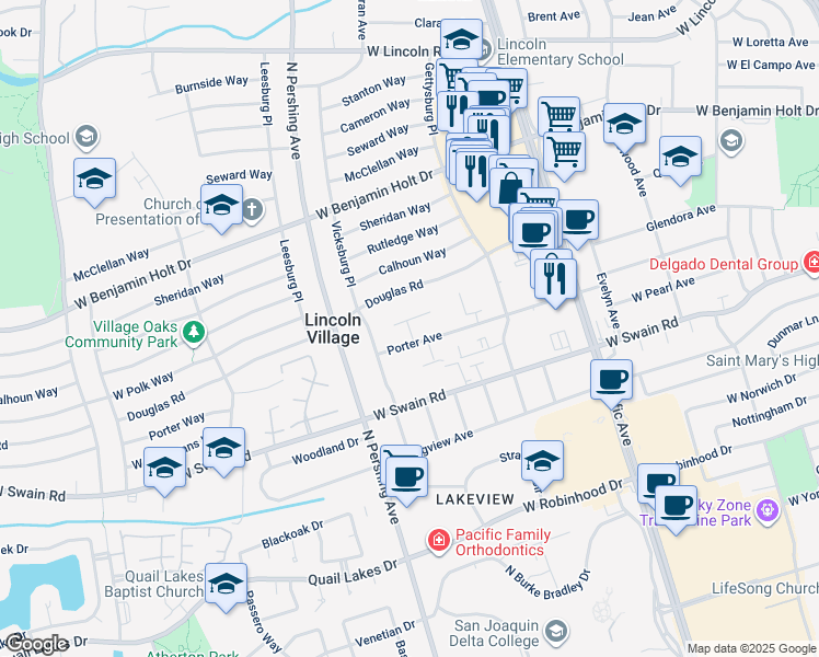 map of restaurants, bars, coffee shops, grocery stores, and more near 6334 Porterfield Court in Stockton