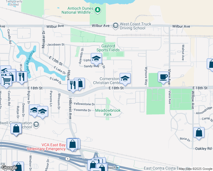 map of restaurants, bars, coffee shops, grocery stores, and more near 1705 Hargrove Street in Antioch