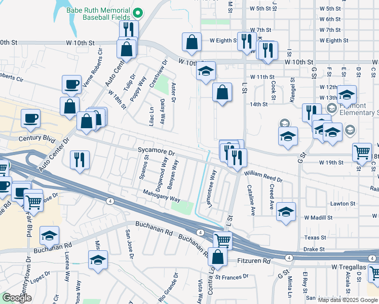 map of restaurants, bars, coffee shops, grocery stores, and more near 1418 Sycamore Drive in Antioch