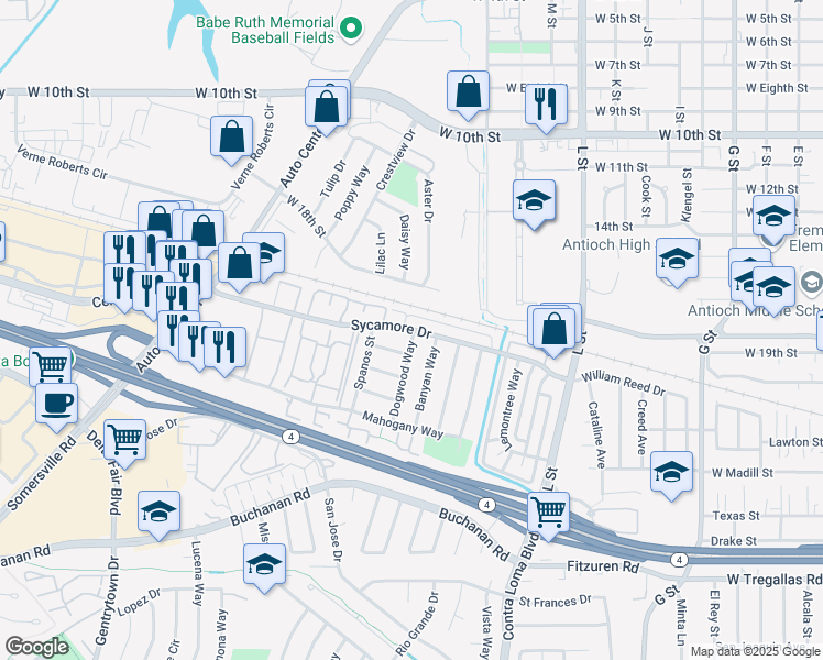 map of restaurants, bars, coffee shops, grocery stores, and more near 1706 Sycamore Drive in Antioch