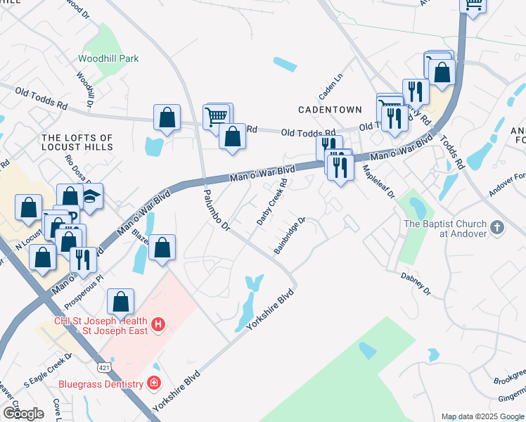 map of restaurants, bars, coffee shops, grocery stores, and more near 413 Darby Creek Road in Lexington