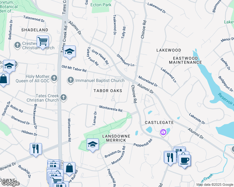 map of restaurants, bars, coffee shops, grocery stores, and more near 2900 Sweet William Court in Lexington