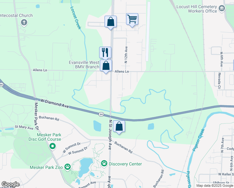 map of restaurants, bars, coffee shops, grocery stores, and more near 3001 Crowley Drive in Evansville