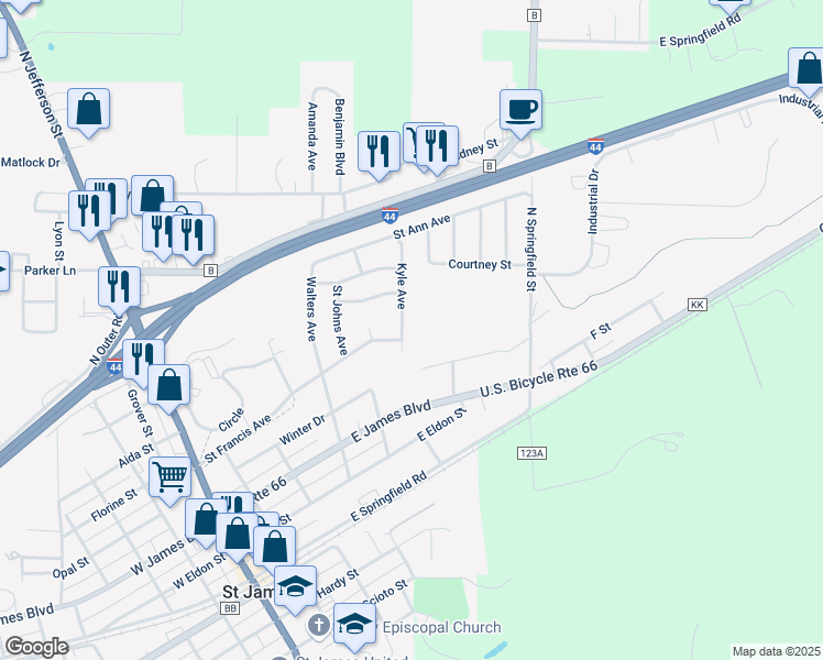 map of restaurants, bars, coffee shops, grocery stores, and more near 514 Kyle Avenue in Saint James