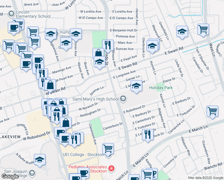 map of restaurants, bars, coffee shops, grocery stores, and more near 5811 North El Dorado Street in Stockton