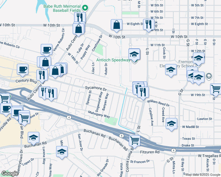 map of restaurants, bars, coffee shops, grocery stores, and more near 1512 Sycamore Drive in Antioch