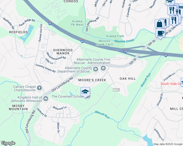 map of restaurants, bars, coffee shops, grocery stores, and more near 1600 5th Street Extension in Charlottesville